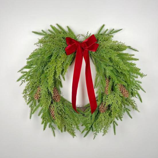 16 Inch Real Touch Norfolk Pine Christmas Wreath for Front Door Faux Cedar Greenery Wreath with Pine Cones And Bows for Wall Window Farmhouse Outdoor