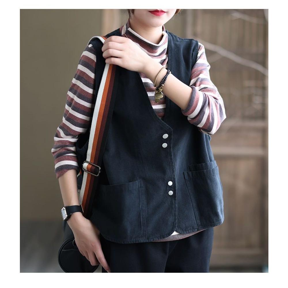 Vest Women's Spring and Autumn New Style Women's Commuting Solid Color Cotton Pocket Fashionable Retro Shoulder Jacket
