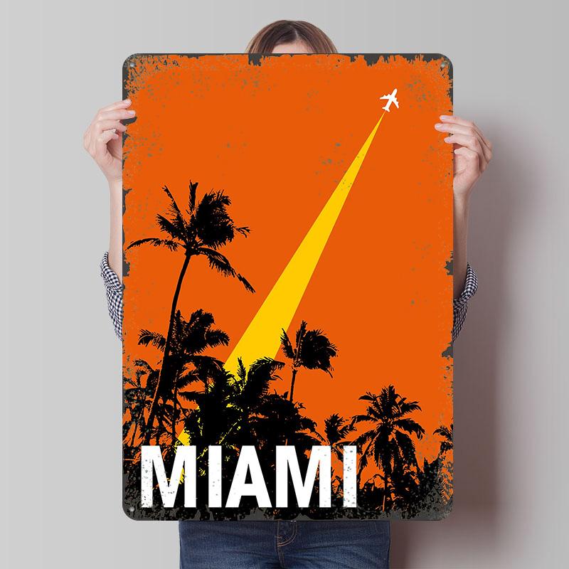 Miami Travel With Airplane Tinplate Poster Customized Wall Art Vintage Retro Metal Signs for Decoration At Home Decor Items Room