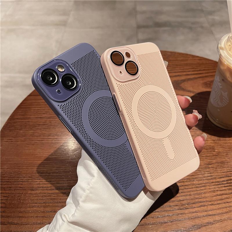 Full Cover Heat Dissipation Magnetic Case With Lens Film For Apple iPhone 14 13 Plus Pro Max Anti-fingerprint Grid Hard PC Back Protector Shell