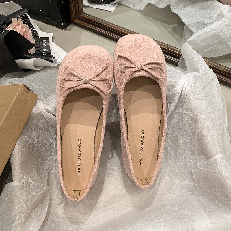 Французские замшевые балетки с бантом, весна-лето, новые нежные женские туфли на плоской подошве с одной педалью и мягким носом