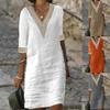 Women's Solid Color V-neck Mid Sleeve Cotton Linen Casual Dress