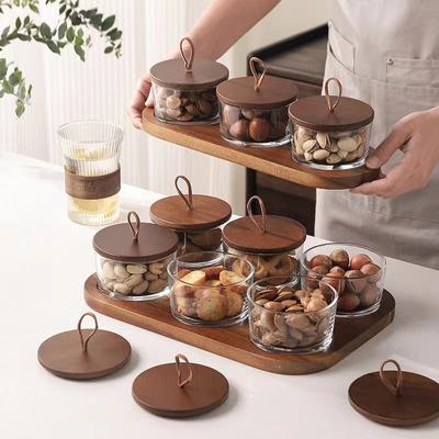 Японская тарелка для сухофруктов, блюдо для хранения закусок, бытовая посуда, стеклянная тарелка для закусок с крышкой из деревянного подноса