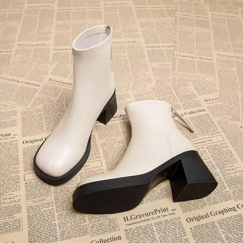 Black Women's Ankle Boots Fashion Back Zippers Short Square Heel Women Shoes Anti-slip Thick Sole Leisure Daily Commute Boots