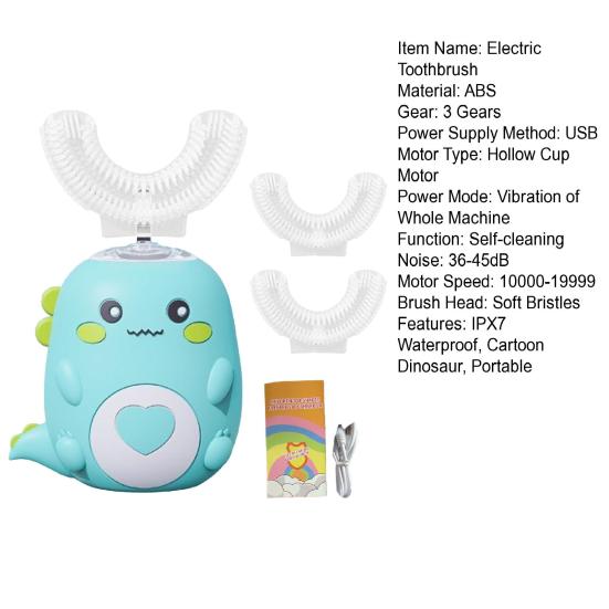 Детская U-образная ультразвуковая электрическая зубная щетка с 2 силиконовыми насадками, водонепроницаемая IPX7, автоматическая, мультяшный динозавр, для малышей, мальчиков, девочек, перезаряжаемая