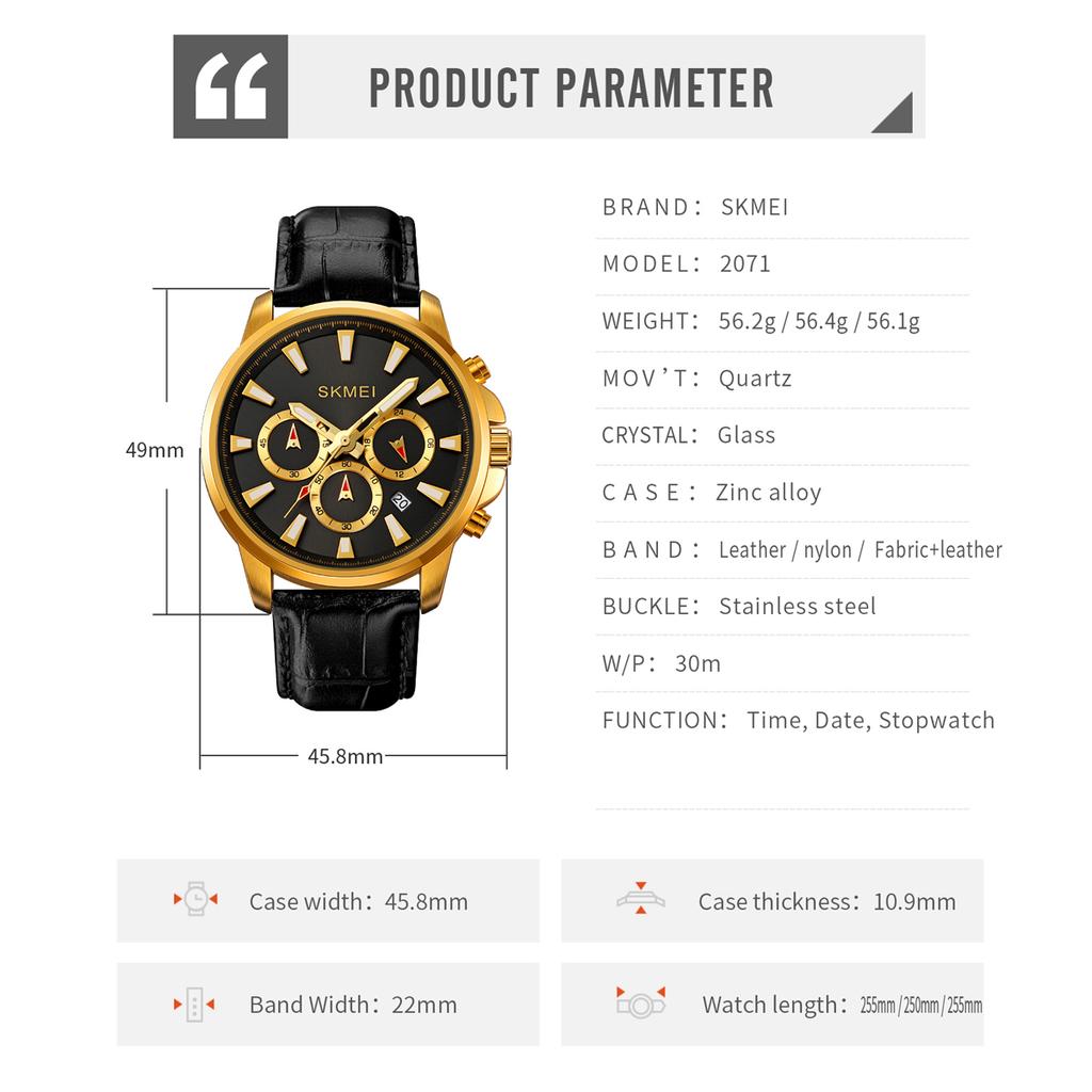 Skmei Часы для мужчин Водонепроницаемые секундомер Дата Кварцевые часы Высококачественный кожаный ремешок Износостойкий нейлоновый ремешок Модные повседневные мужские часы 2071