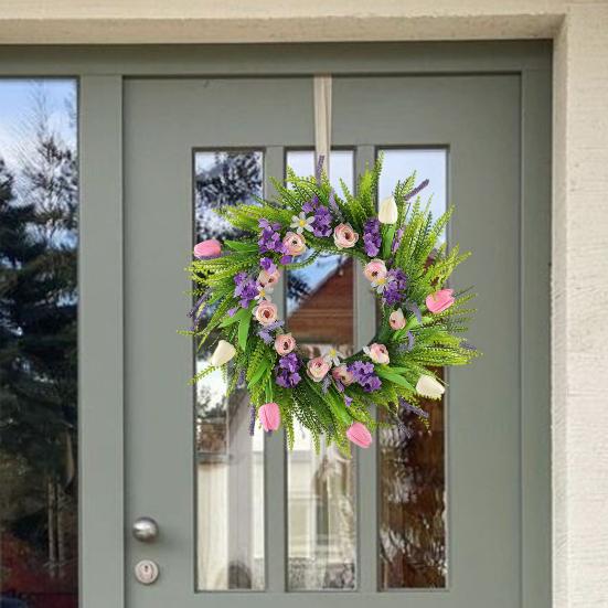 Spring Summer Tulip Wreath for Front Door Artificial Floral Greenery Wreath with Ferns Wildflowers for Porch Wall Farmhouse Wedding Decor