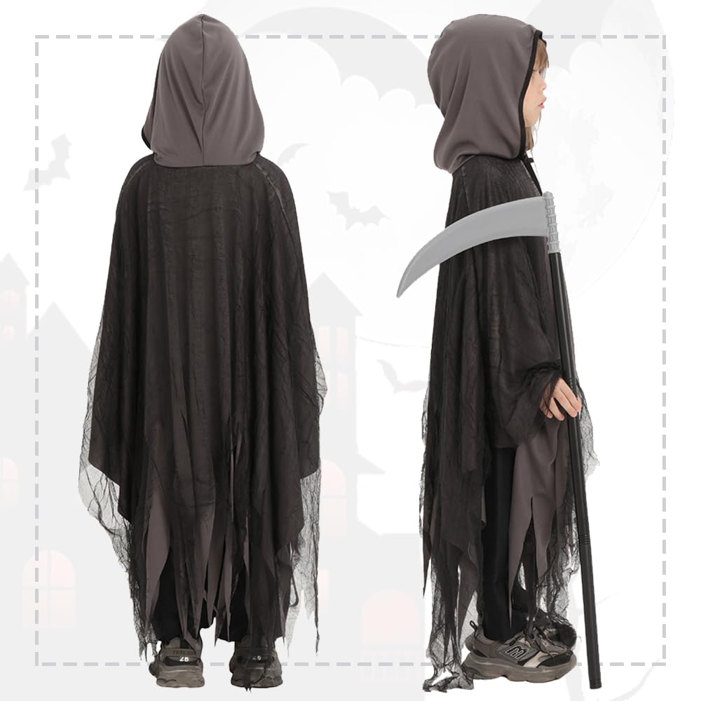 Плащ Мрачного Жнеца с косой Дьявольский Призрак Хэллоуин Косплей Костюм Милый Ужас Призрак Дом Создания Атмосферы Популярный Косплей Дети Мальчики Девочки Вечеринка