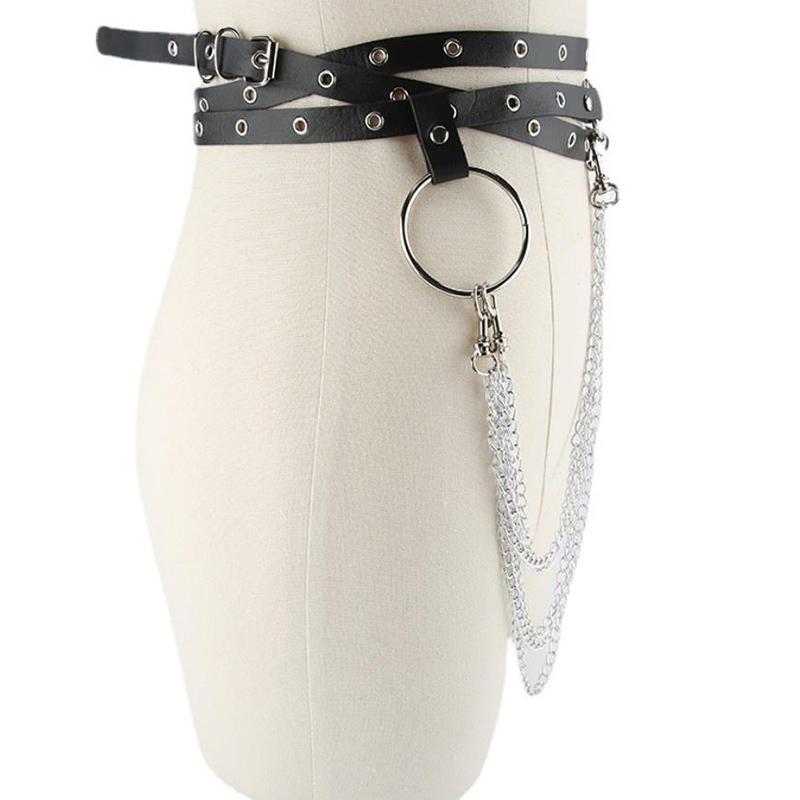 Multi-Layer Faux Leather Belt Metal Chain Waist Belt Punk Gothic Body Jewelry
