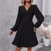 Autumn and Winter Women's Jacquard V-neck Lantern Sleeve Range Dress