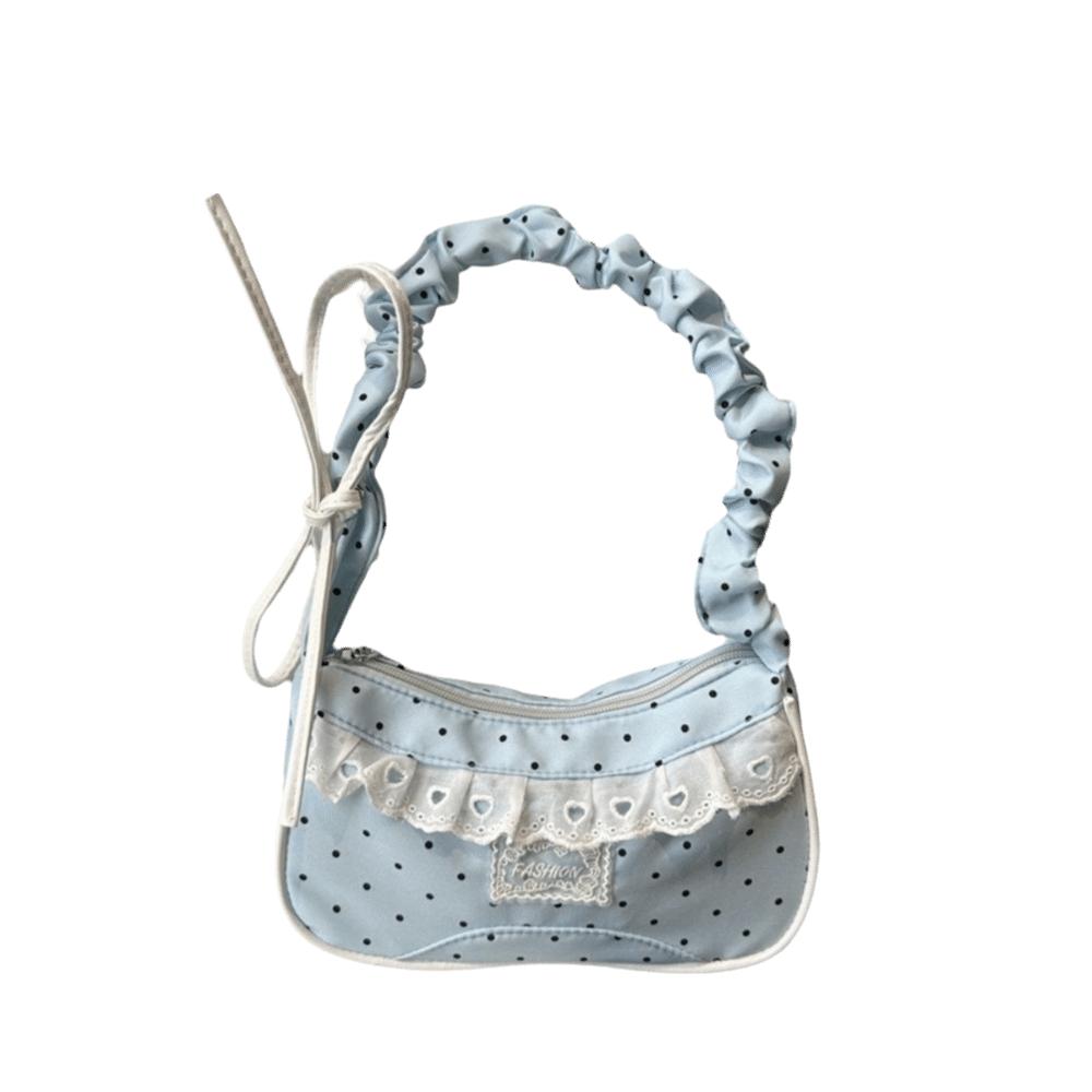 Lace Polka Dot Shoulder Bag Drawstring French Stick Handbag Y2K Pleated Underarm Bag Travel