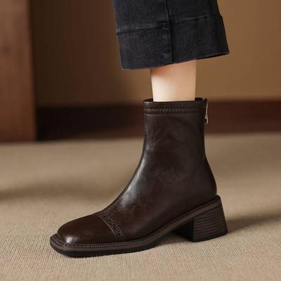 Осенне-зимние женские кожаные женские ботинки больших размеров однотонные на молнии сзади на квадратном каблуке кожаные ботинки на среднем каблуке модные ботинки новые ботинки средней высоты