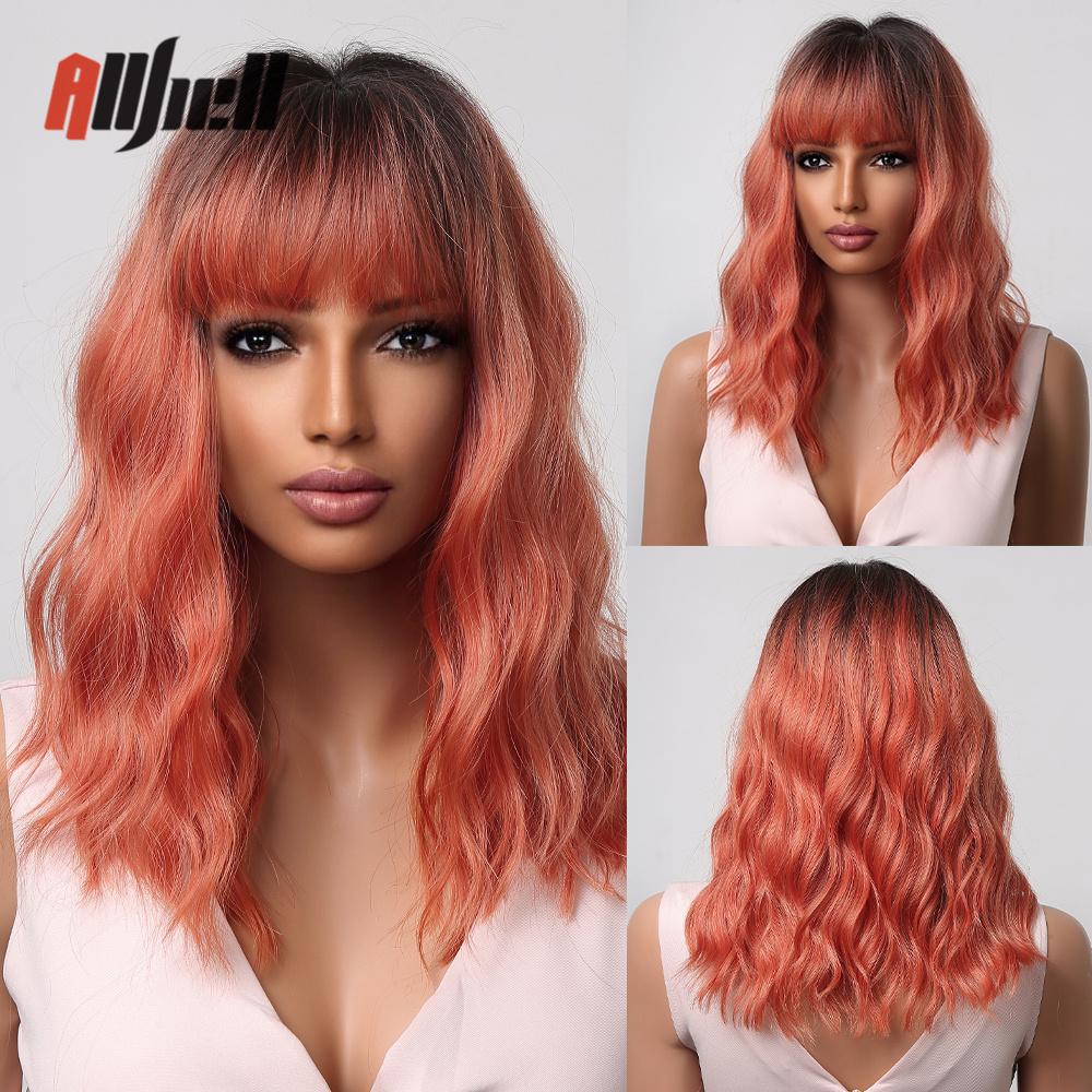 Synthetic Bob Hair Wig with Bangs Ombre Platinum Blonde Cosplay Wigs for Women Short Heat Resistant Female Daily Lolita Wavy Wig