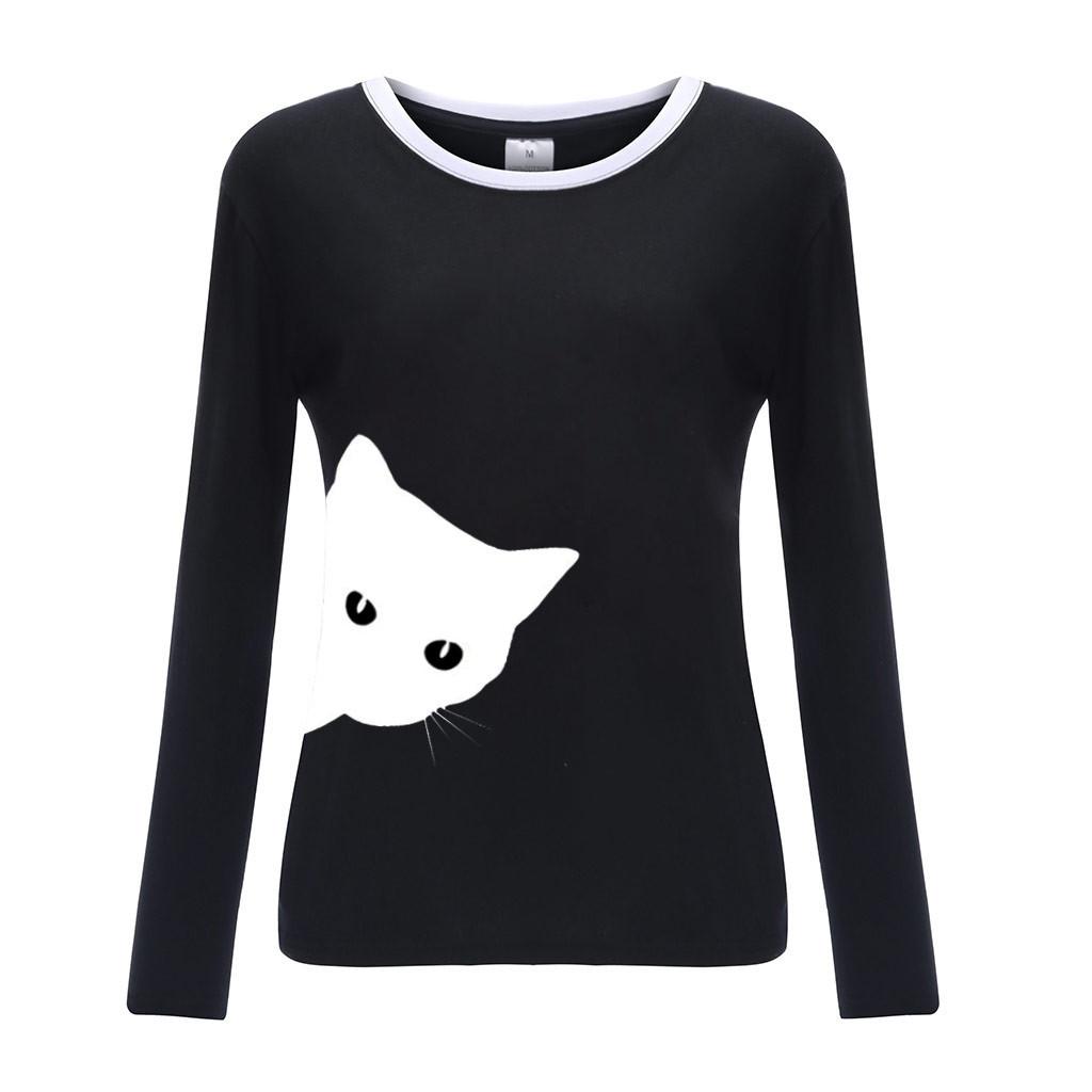 Womens Casual Cat Print Shirts Long Sleeve Top Loose T-Shirt Blouse