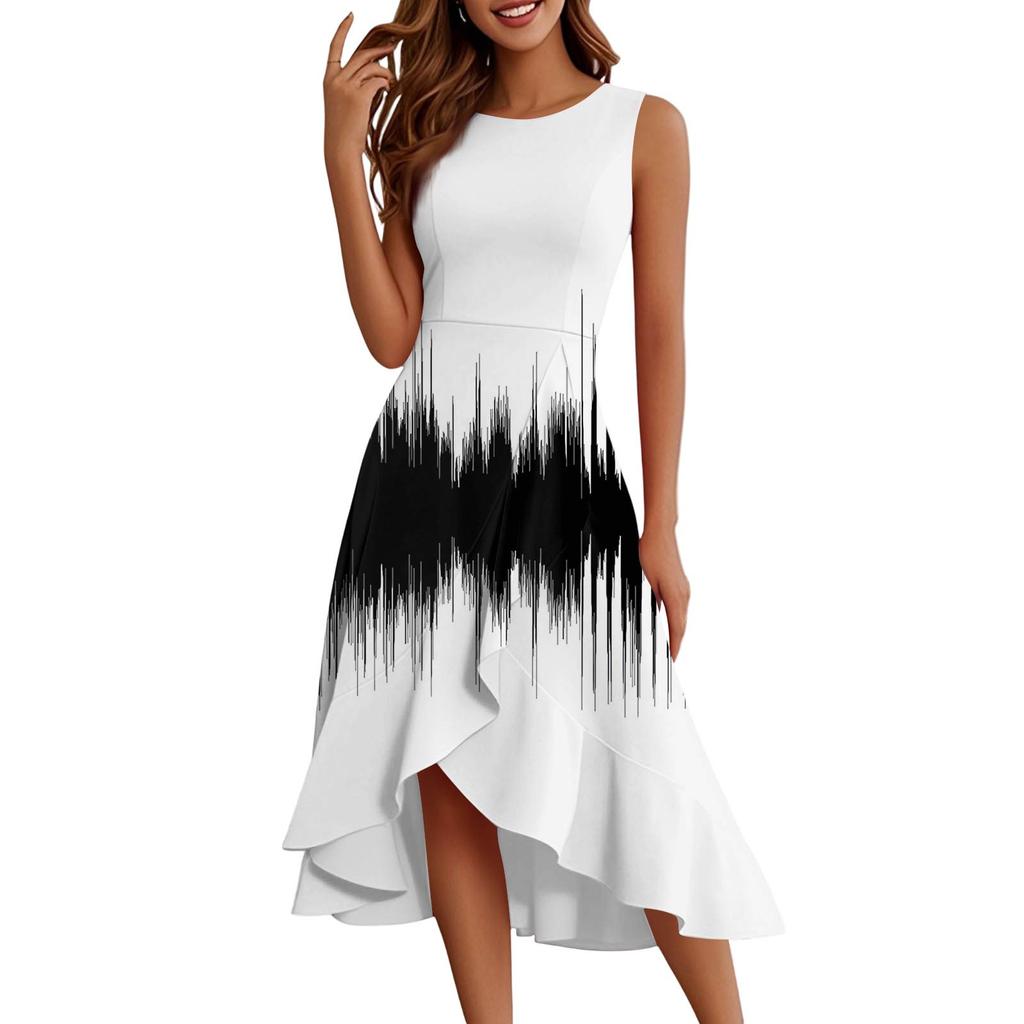 Женские модные повседневные платья без рукавов с круглым вырезом и принтом, элегантные, темпераментные, с оборками