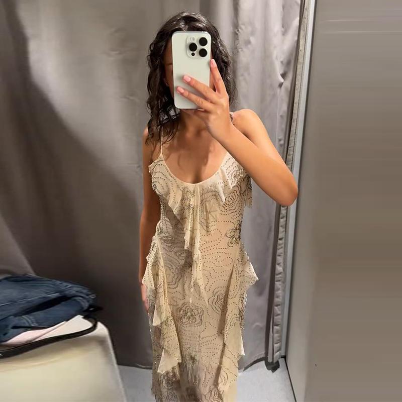 Сетчатое платье-слинг для женщин с V-образным вырезом, ромбами и оборками, длинные платья для женщин, без спинки, без рукавов, весна-лето, повседневное женское праздничное платье