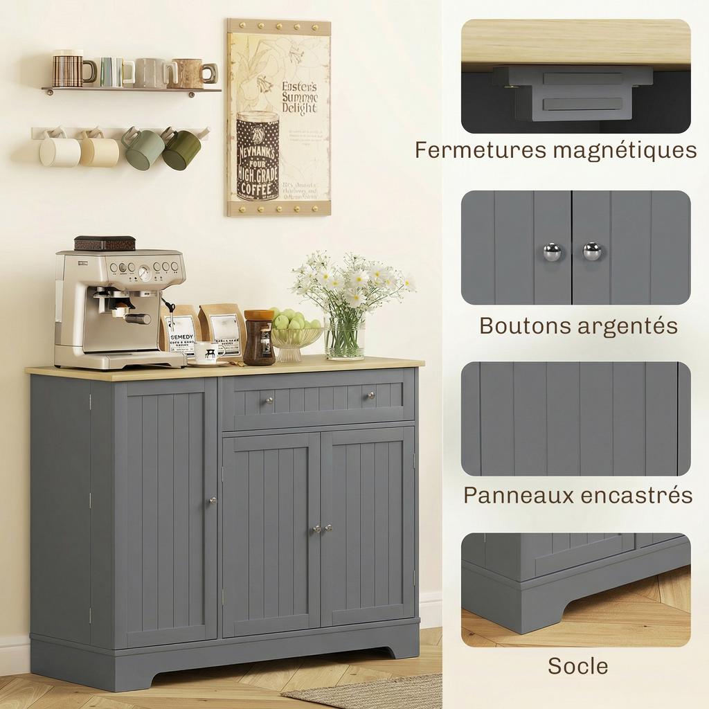 Buffet Cuisine Storage Cabinet With 3 Doors Drawer Door Shelves And Adjustable Shelf 105x40x83cm Gray