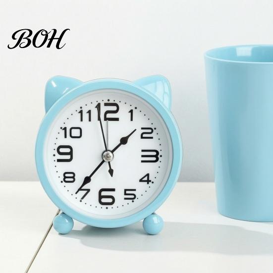 Silent Movement Desk Clock Cat Ear Alarm for Kids, Non-Ticking Metal Analog Small Clock, Battery Powered Home Office Decor Easy to Read