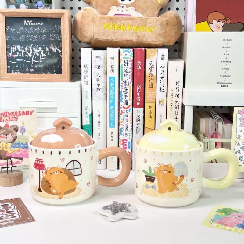 Милая мультяшная керамическая кружка с крышкой для пары, для мальчика и девочки, офисная кружка для питья, подарок на день рождения