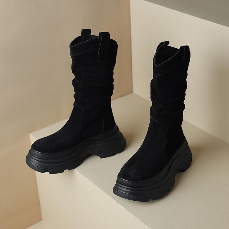 Женские полусапожки на плоской подошве, брендовая обувь 2025 года, модные высокие сапоги из плиссированной замши, зимние повседневные ботинки для ходьбы, женские ботинки