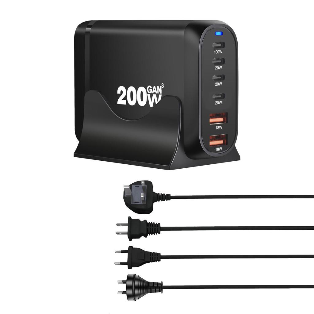 200W GaN Multi-Port PD Fast Charger with 2A4C Ports for Phones & Laptops