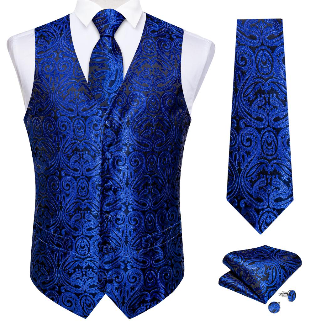 Mens Silk Slim Waistcoat Dark Purple Paisley Wedding Suit Vest Tie Cufflinks Set
