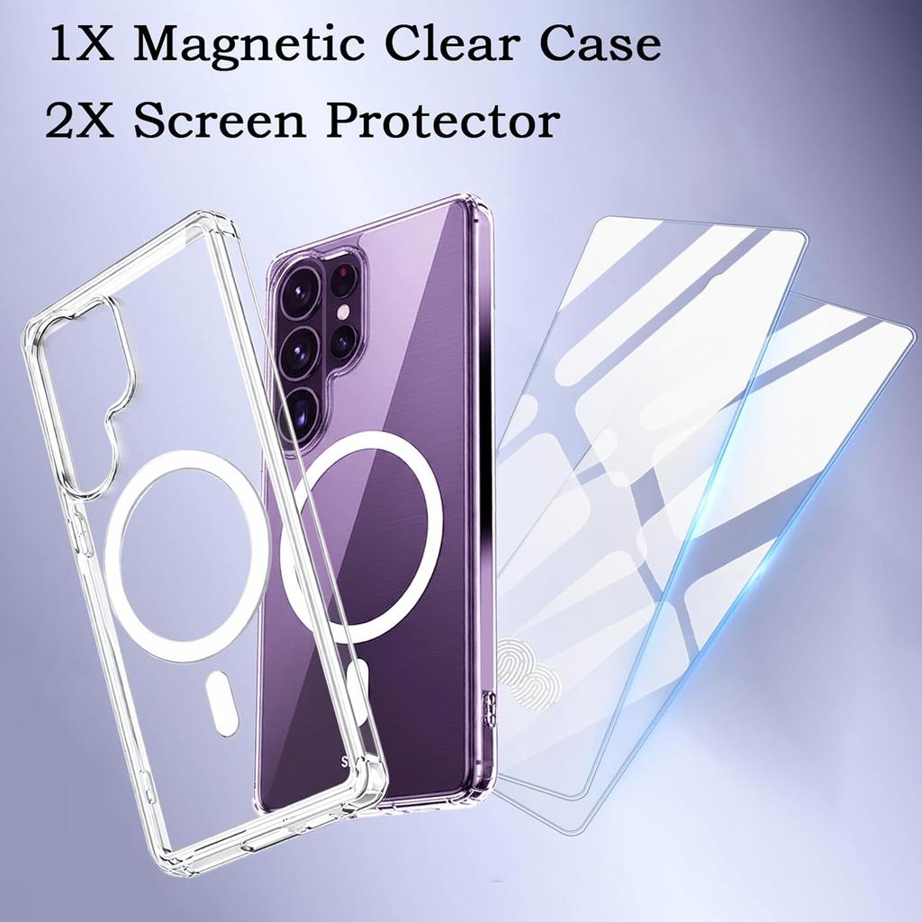 For Samsung Galaxy S26 Ultra S25 Plus Magnetic Phone Case with 2 Glass Screen Protectors MagSafe Non-Yellow Anti-Shock Transpare