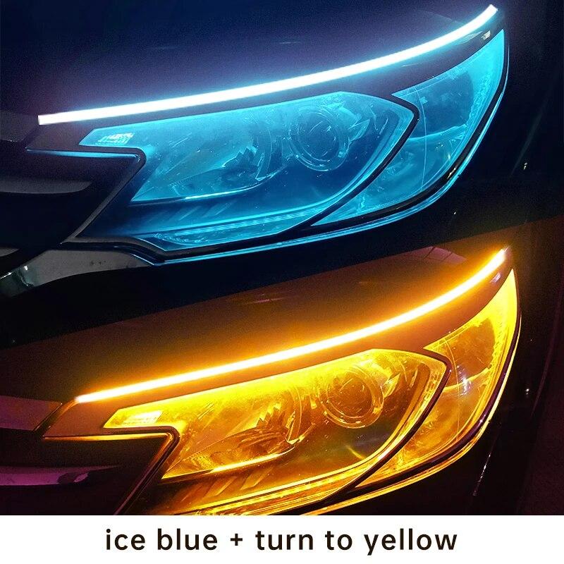 2pcs LED DRL Car Daytime Running Light Flexible Waterproof 45cm Auto Headlights Ice Blue Turn Signal Yellow Brake Flow Light 12V