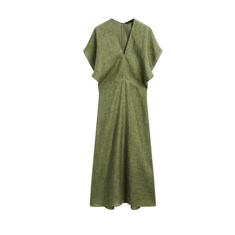 MD Summer New Arrival Women's Vacation Normcore Old Money Style Linen Blend V Neck Short Sleeve Long Dress 6616530