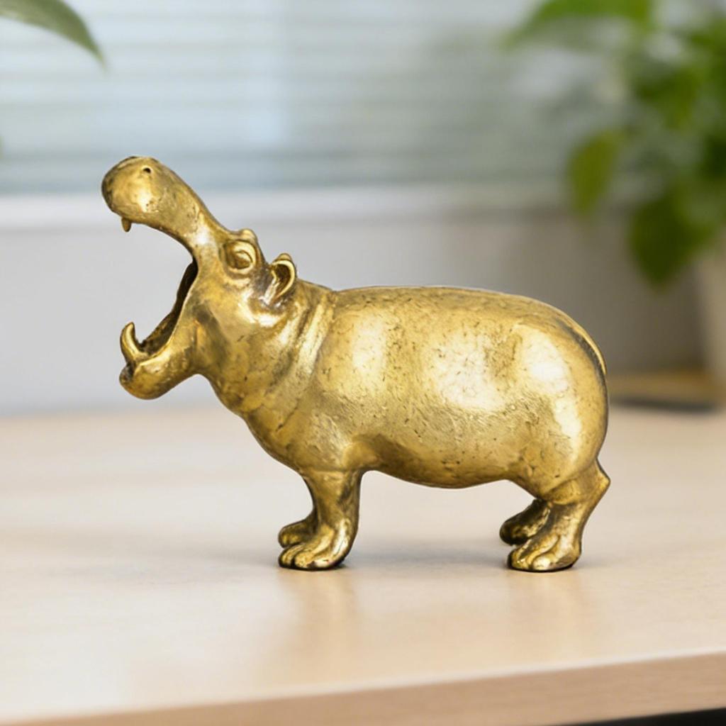 Metal Hippo Statue Miniature Copper Tabletop Ornament Handmade Art Miniature Hippo Models For Home Living Room Bookshelf