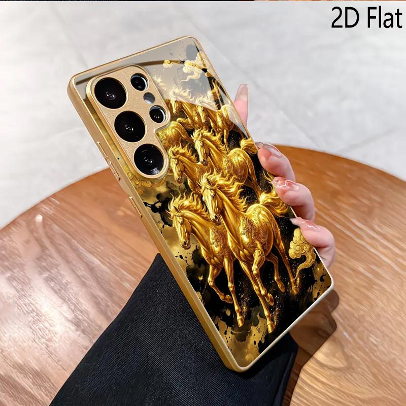 Скачущий Золотой Конь для Galaxy S24Ultra S23 S22 S25 S21 S20UltraA55A15A16 Чехол для телефона Рисунок Ударопрочный Защитная задняя крышка