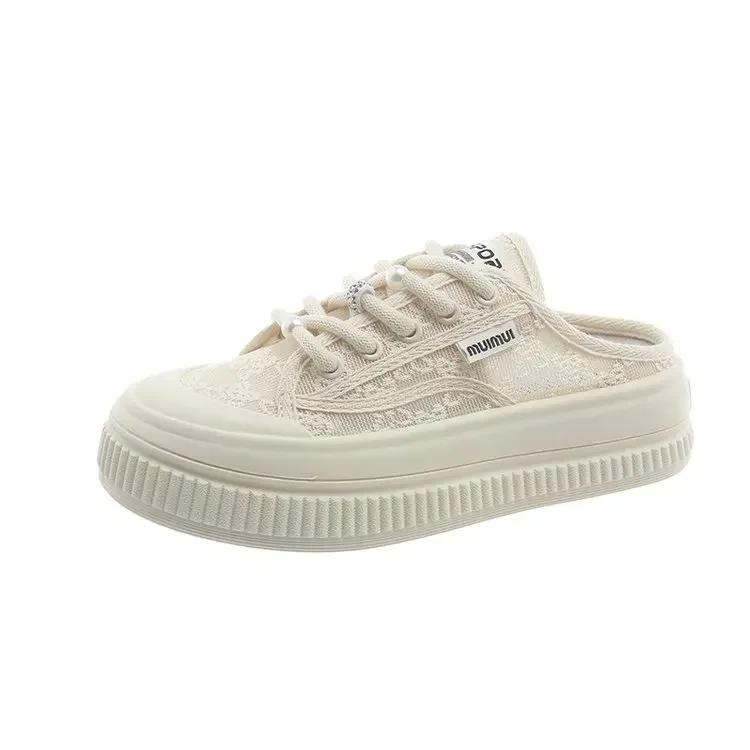 Baotou Half Slippers Women Lace Breathable Shoes Breathable Light-weight Thick-bottom Comfortable Canvas Sneakers for Women