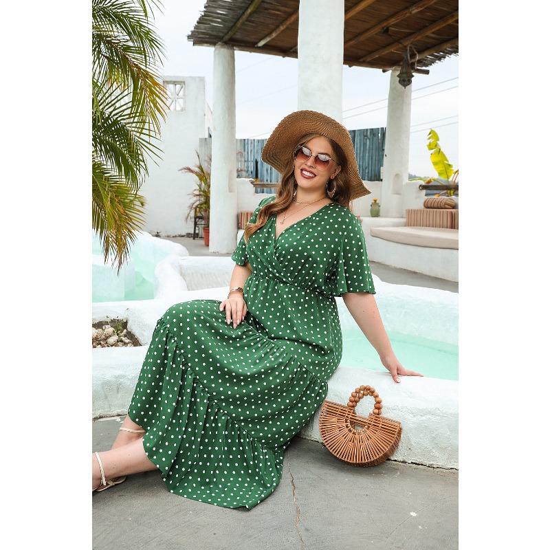 Летнее женское платье больших размеров в горошек, повседневное платье с V-образным вырезом для отпуска, элегантные свободные платья миди