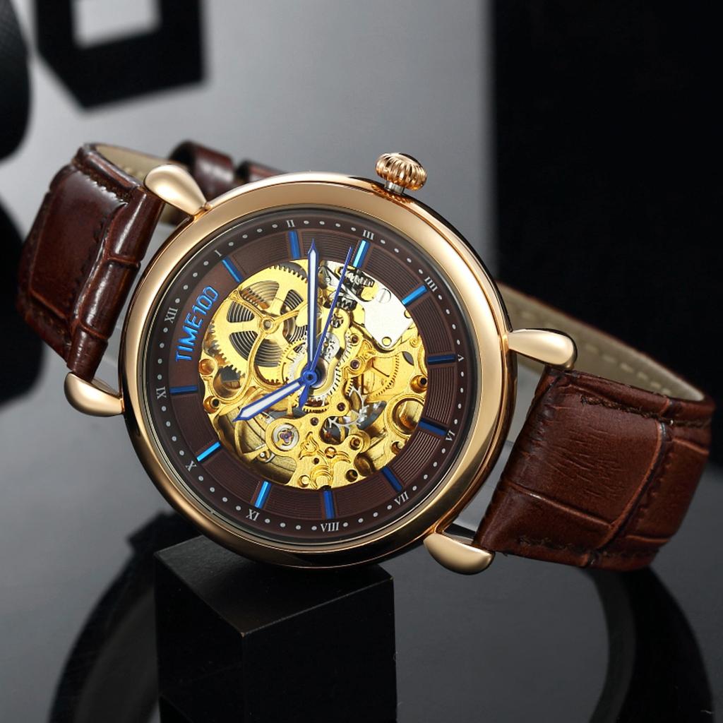 TIME100 Watch Mechanical Watch Waterproof Arm Watch Skeleton Watch Business Easy To Read Analog Stylish Gentleman Watch for Men Yellow Men's