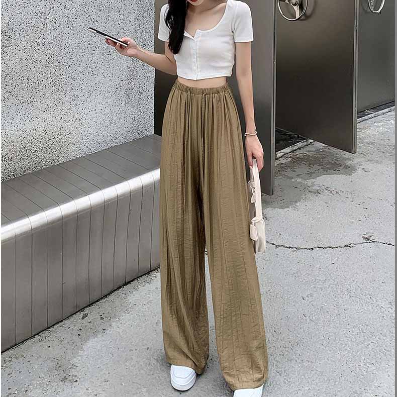 Pleated Ice Silk Wide Leg Pants for Women's Summer High Waisted Draped Cool Pants Straight Tube Loose Casual Pants