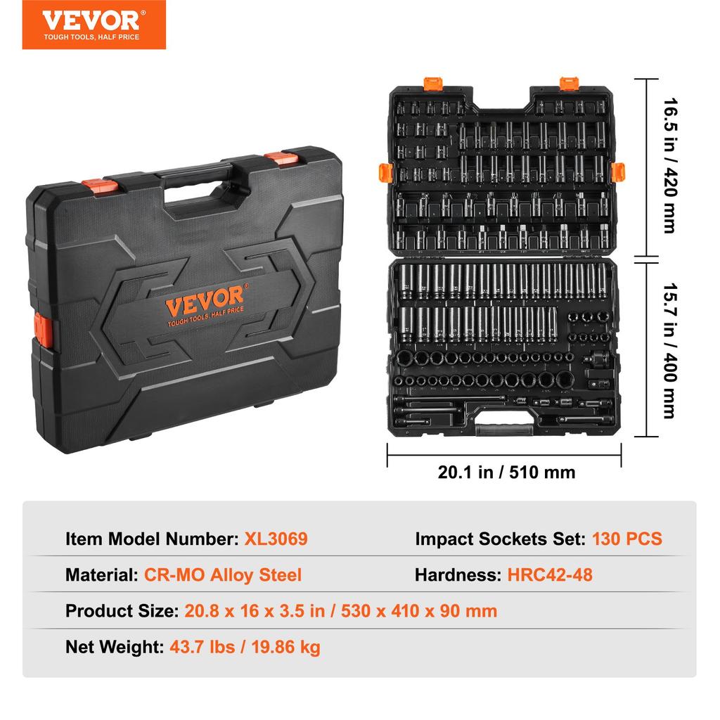 VEVOR Impact Socket Set 130 Piece 3/8" & 1/2" - SAE & Metric Drive Socket Set - 6 Point Cr-Mo Alloy Steel for Auto Repair