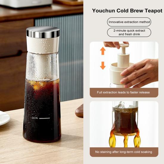 Кофейник Yousheng Cold Brew объемом 750 мл, кувшин для заваривания холодного кофе на 2 минуты с фильтром из нержавеющей стали для домашнего использования, чайник для приготовления холодного кофе