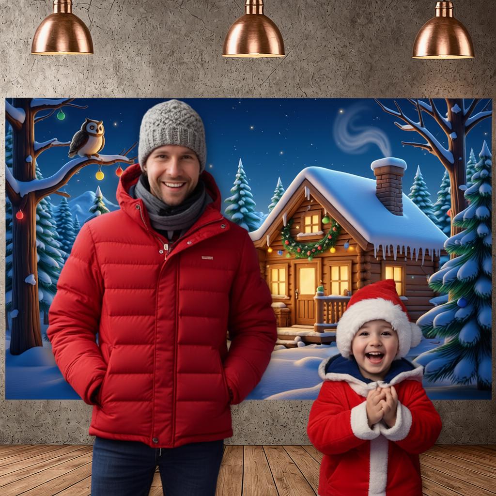 Christmas Banner Colorful Lights Xmas Banner Night Backdrop Wooden Cabin Holiday Background For New Year Decor Christmas Indoor