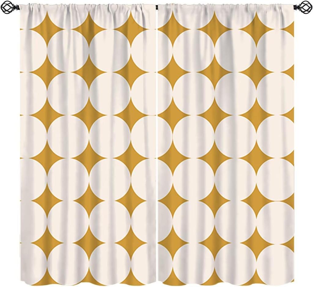 Mid Century Curtain, Yellow Vintage Abstract Boho Window Treatment Modern Geometric Circles Circular Classic Retro 50S Farmhouse