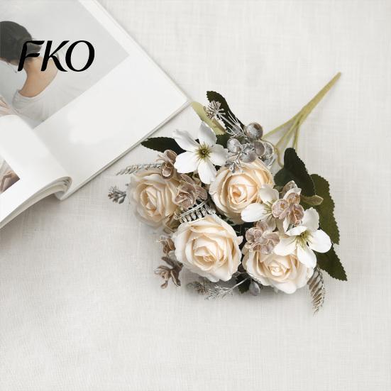 Faux Fern Leaves Artificial Rose Flowers Bouquet for Wedding Bridal, Fake Light Luxury Floral Arrangement Home Decoration And Photography Props,