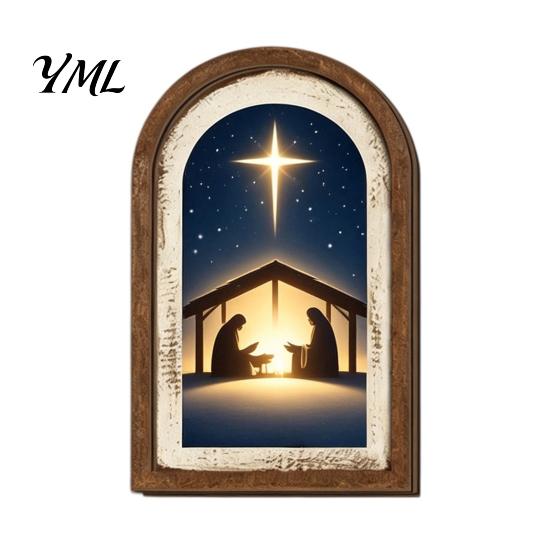 Farmhouse Christmas Tree Decorations Vintage Arched Wooden Wall Art, Double Layer Wood Framed Sign, Glowing House Pictures Xmas Print Hanging