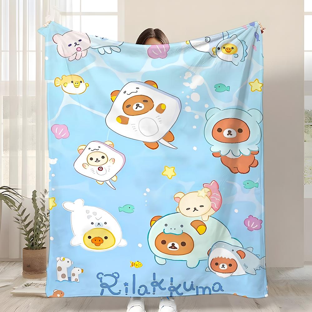 Character Rilakkuma Throw Kid-Friendly Flannel Throw Blanket Soft Warm Anti-Static Washable All Season
