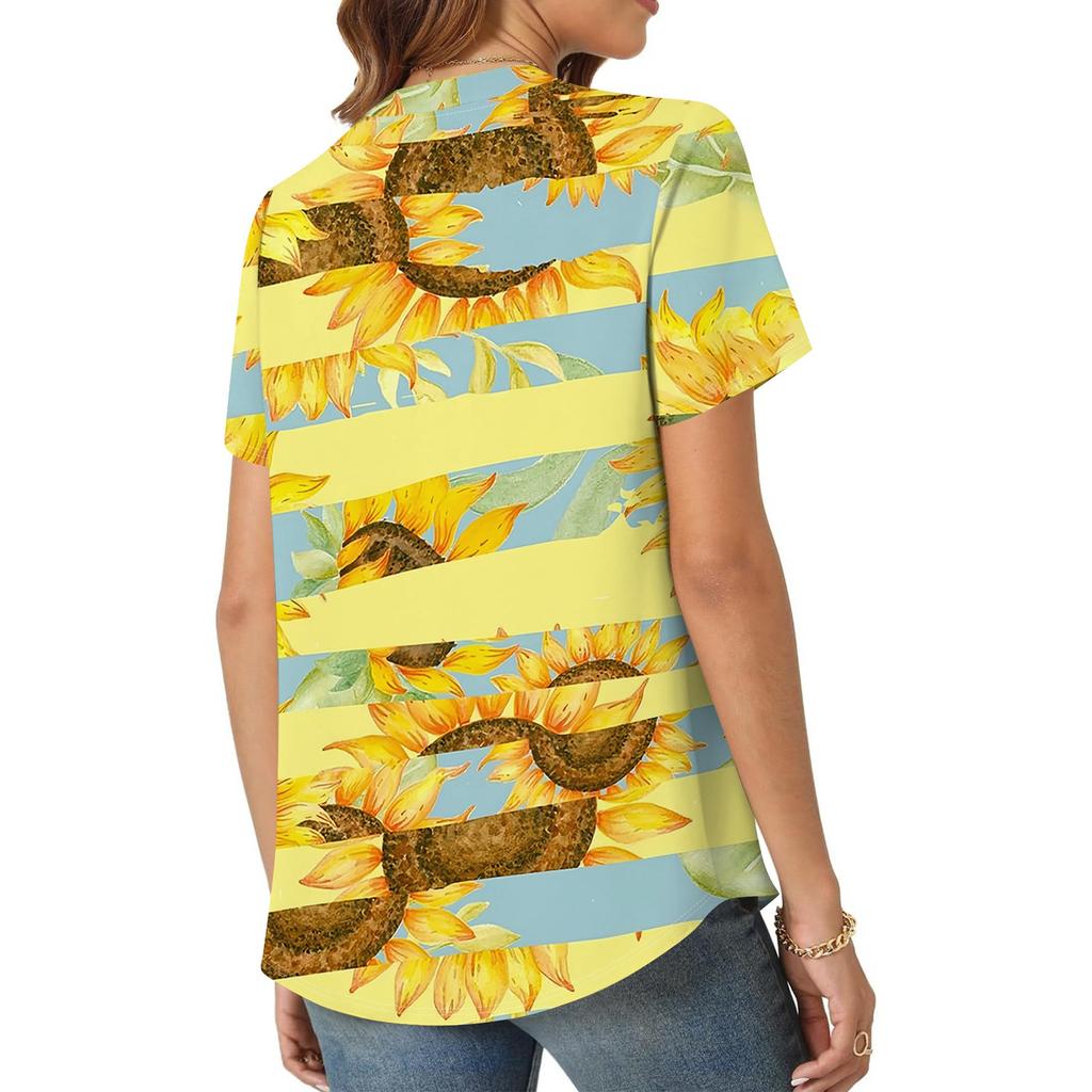 Women's Short Sleeve Casual V-neck Chest Pleated Printed Loose T-shirt Top