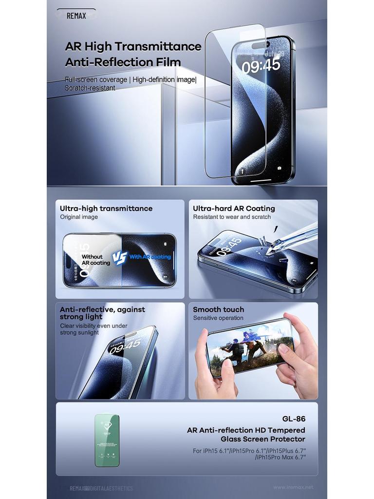 Антибликовая закаленная HD-пленка REMAX AR для iPhone 15 — защита телефона от царапин и падений