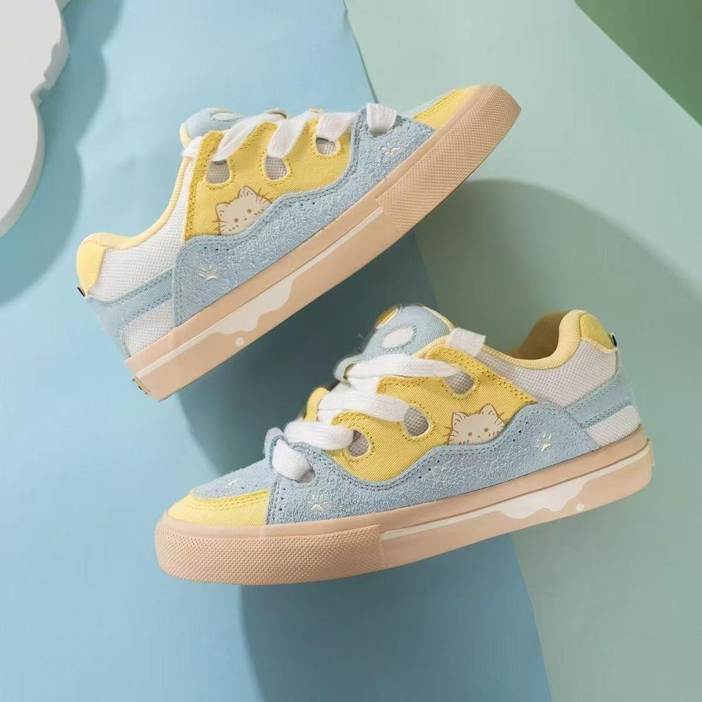 High value meets color scheme Xiaomi yellow and white cute bread new retro campus couple skateboard shoes