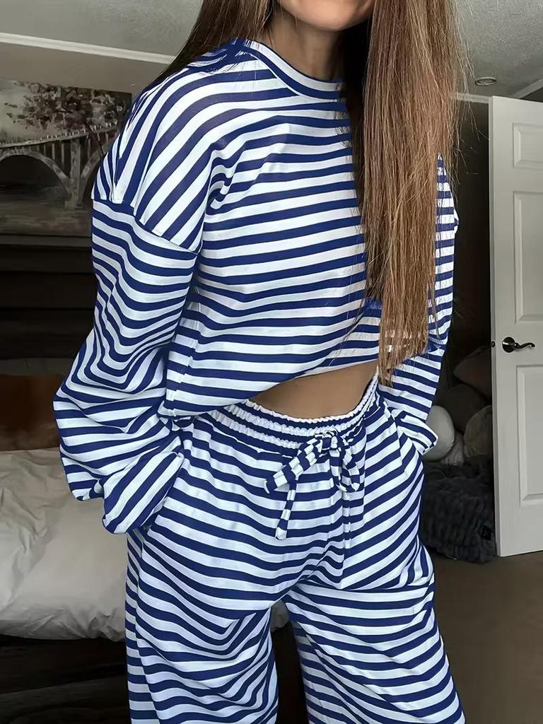 Европейско-американский женский комплект: полосатый топ с длинным рукавом и брюки с высокой талией - Модная повседневная одежда, Осень 2025.