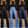 Spring European American High Waisted  Buckled Jeans for Women Form Fitting and Stylish Bell-bottomed Long Trousers