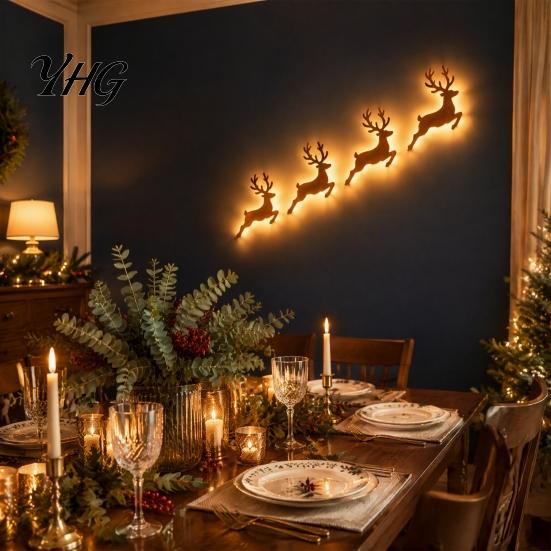 Holiday Party Decorations Christmas Reindeer Wall Light, Wooden LED Silhouette with Warm Backlight, Modern Farmhouse Interior Decor Battery