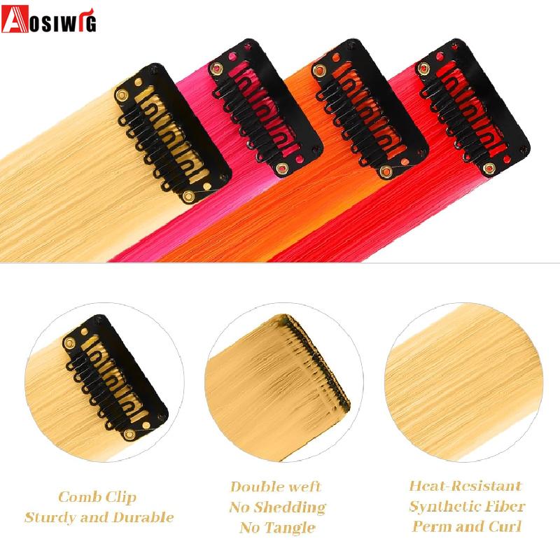 Aosiwig 2 шт. Накладные волосы на заколках, цветные пряди для вечеринки, прямые радужные накладки для волос, фестиваль, Хэллоуин, косплей для женщин, девушек