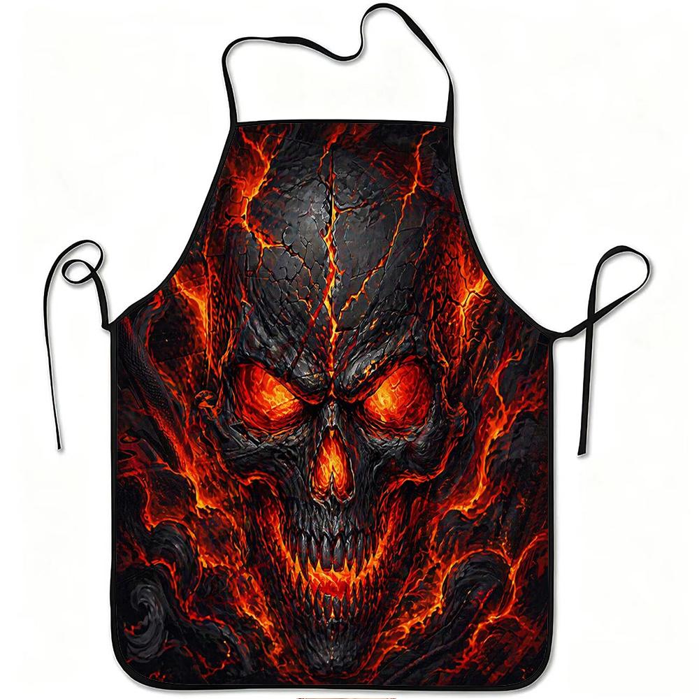 1pc Fiery Lava Skull Print Apron, Durable And Easy to Clean, Adjustable Waistband, Polyester Material, for Kitchen Cooking, Gardening, Orchard Picking